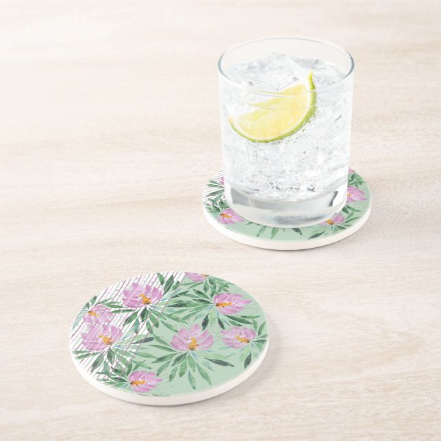 Flowers Bloom Violet Watercolor Chic Stripes Coaster (Side)