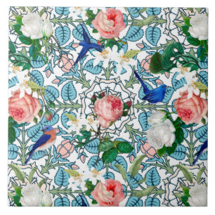 Flowers,blue birds,art nouveau ,summer ceramic tile
