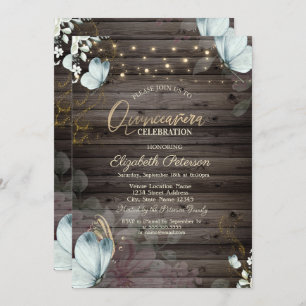 Flowers Blue Butterflies Wood Invitation