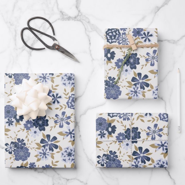 Flowers Blue Vine Botanical Pattern Gift Wrapping Paper Sheets (Front)