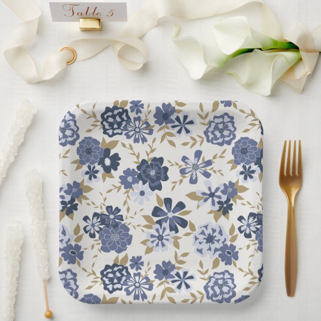 Flowers Blue Vines Botanical Event Paper Plates (Wedding)