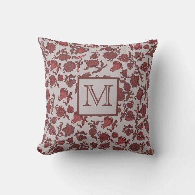 Flowers Bohemian Chic Floral Boho Red Grey Monogrm Outdoor Pillow (Front)