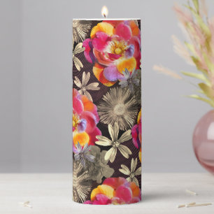 Flowers Boho Floral Bold Pattern - Gold Pink Rose Pillar Candle