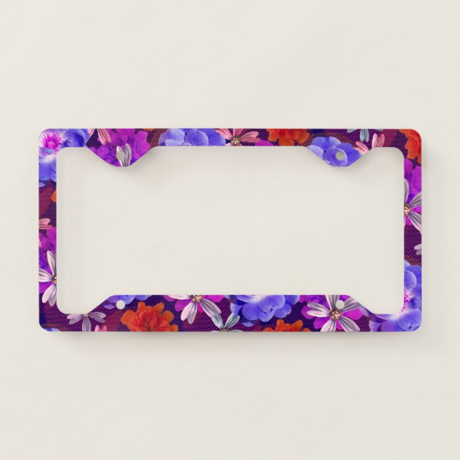 Flowers Boho Floral Bold Pattern Purple Blue Rose License Plate Frame (Front)