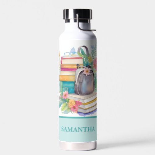 Flowers Books  Backpack Colorful Watercolor Water Bottle