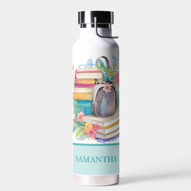 Flowers Books & Backpack Colorful Watercolor Water Bottle (Left)
