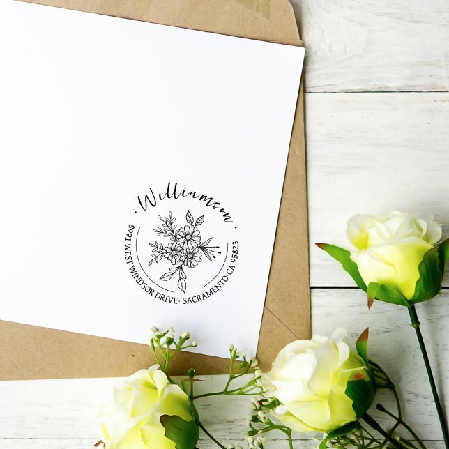 Flowers Bouquet Chic Script Return Address Rubber Stamp (Creator Uploaded)