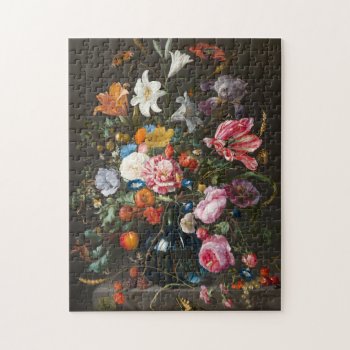 Flowers Bouquet Glass Vase Medieval Painting Jigsaw Puzzle by RusticVintage at Zazzle