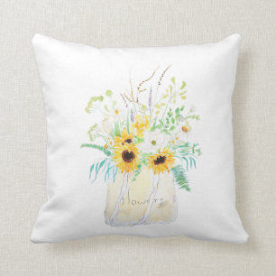 flowers bouquet in a tote watercolor Throw Pillow