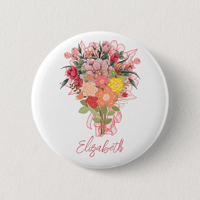Flowers Bouquet Pink Personalized Button (Front)
