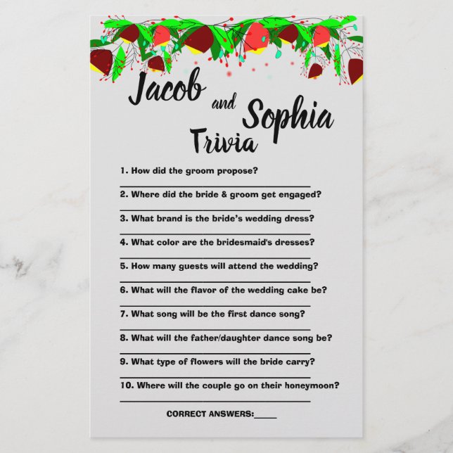 FLOWERS, BRIDE & GROOM TRIVIA SHOWER GAME CARD FLY FLYER (Front)