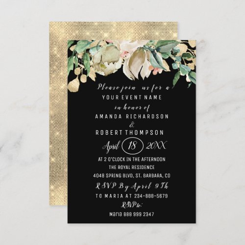 Flowers Brunch Mint Gold Watercolor Black White Invitation