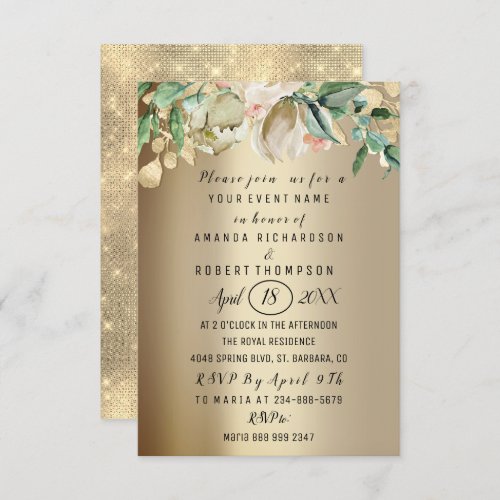 Flowers Brunch Mint Green Gold Watercolor Ivory Invitation