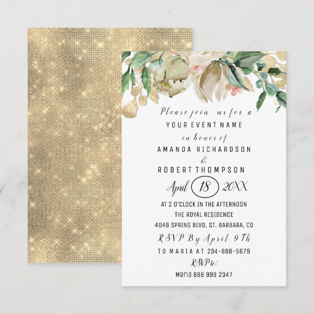 Flowers Brunch Mint Green Gold Watercolor White Invitation (Front/Back)