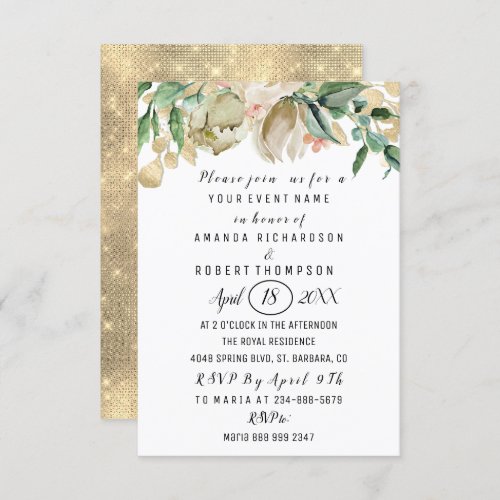 Flowers Brunch Mint Green Gold Watercolor White Invitation