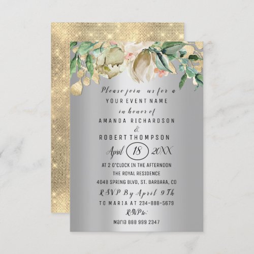 Flowers Brunch Silver Gold Wedding Anniversary Invitation