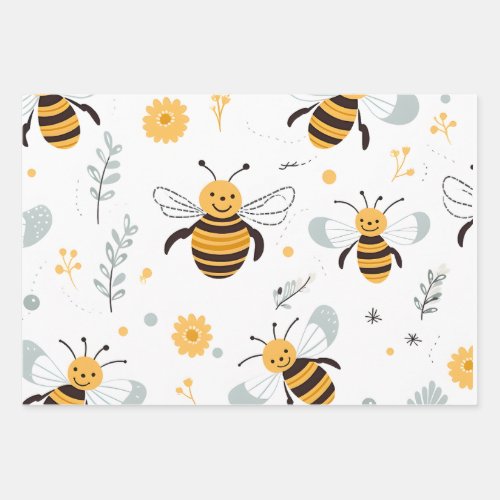 Flowers Bubble Bee Wrapping Paper Sheet Set of 3