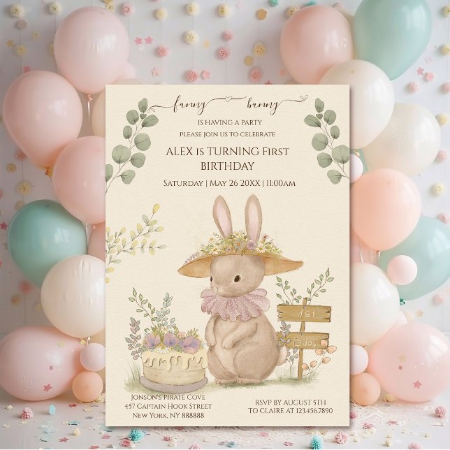 Flowers Bunnies First Birthday Invitation (Creator Uploaded)