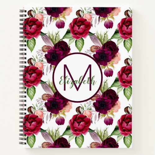 Flowers burgundy monogram notebook