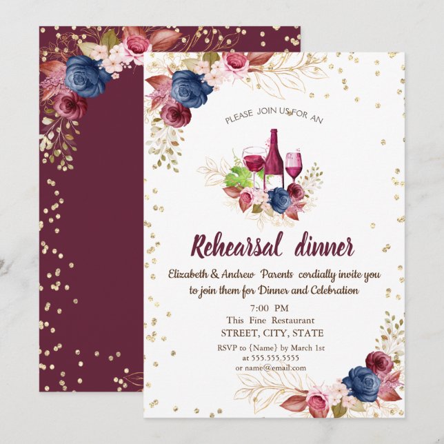  Flowers Burgundy Rehearsal Dinner Invitation (Front/Back)