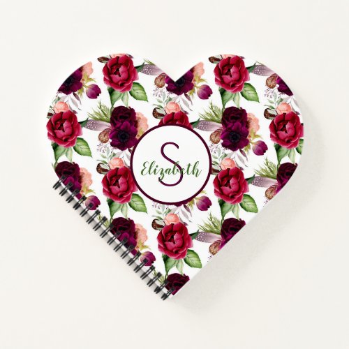 Flowers burgundy white monogram heart notebook