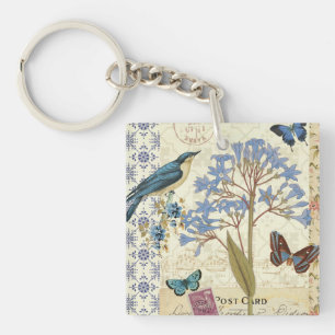 Flowers, Butterflies, and Bird Collage Keychain