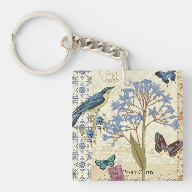 Flowers, Butterflies, and Bird Collage Keychain (Front)