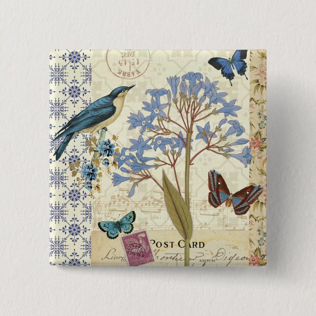 Flowers, Butterflies, and Bird Collage Pinback Button (Front)