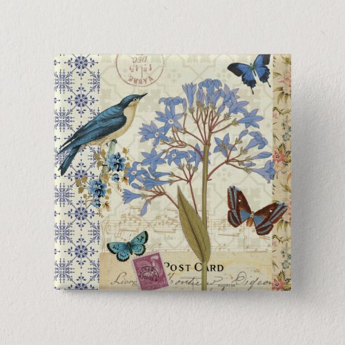 Flowers Butterflies and Bird Collage Pinback Button