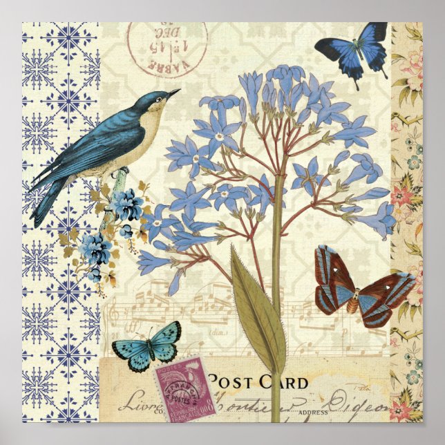 Flowers, Butterflies, and Bird Collage Poster (Front)