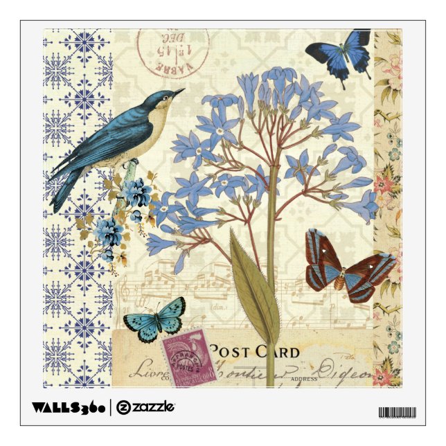 Flowers, Butterflies, and Bird Collage Wall Sticker (Front)
