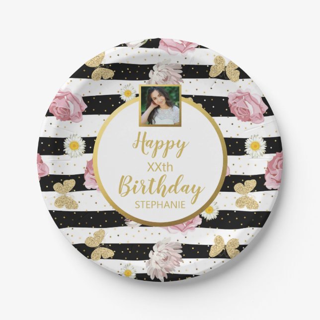 Flowers Butterflies, Birthday, Custom Photo Text Paper Plates (Front)