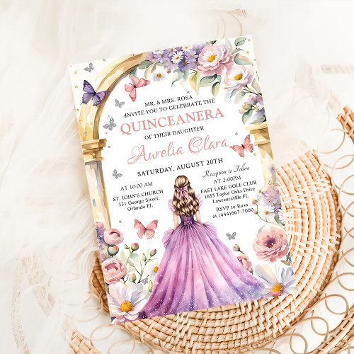 Flowers Butterflies Lilac Princess Quinceaera Invitation