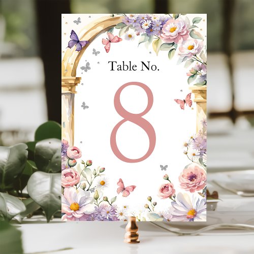 Flowers Butterflies Lilac Quinceaera Table Number