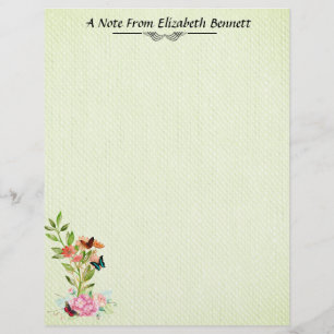 Flowers Butterflies on Green Stationery