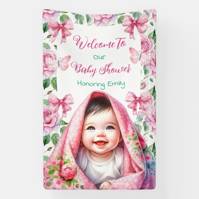 Flowers & Butterflies Pink Baby Shower Welcome Banner (Vertical)