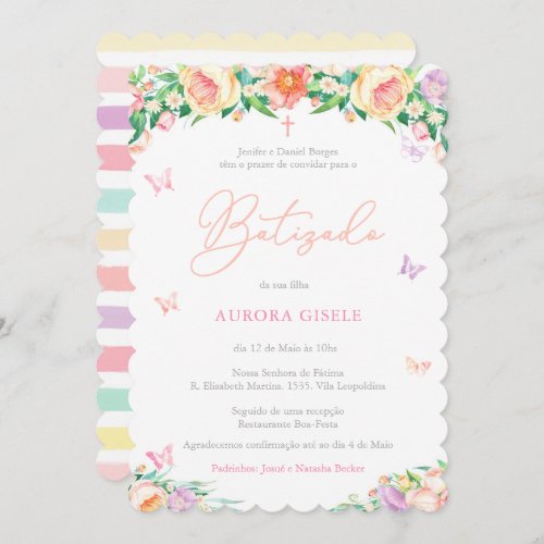 Flowers  Butterflies Portuguese Baptism Batizado Invitation