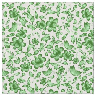 Flowers Butterflies Spring Floral Green on White Fabric