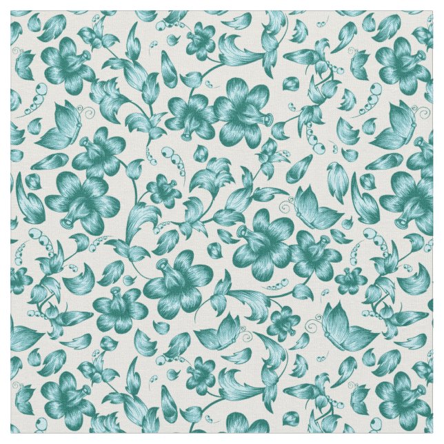 Flowers Butterflies Spring Floral Teal on White Fabric (Close Up)