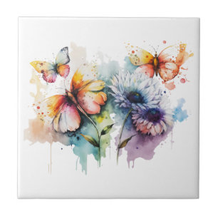 Flowers Butterflies Watercolor Purple Yellow Blue Ceramic Tile