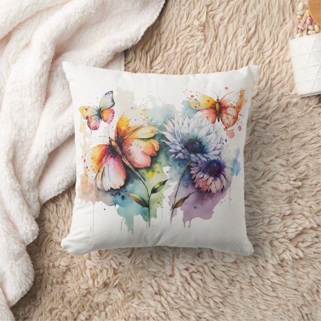 Flowers Butterflies Watercolor Yellow Blue Purple  Throw Pillow (Blanket)