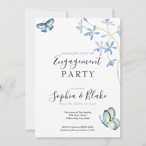 Flowers  Butterflies  White Engagement Party     Invitation