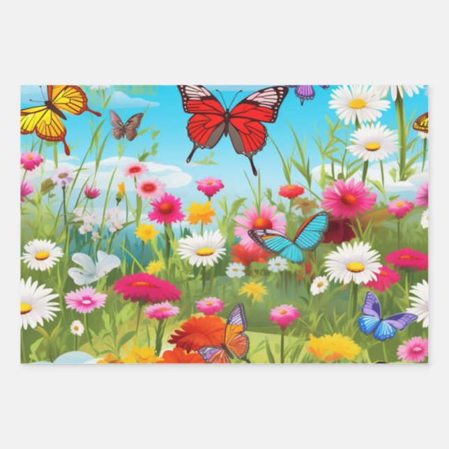 Flowers & Butterflies Wrapping Paper Set of 3 (Front)