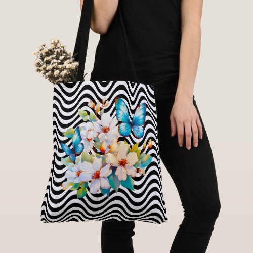 Flowers  Butterfly Black  White Wavy Stripes Tote Bag