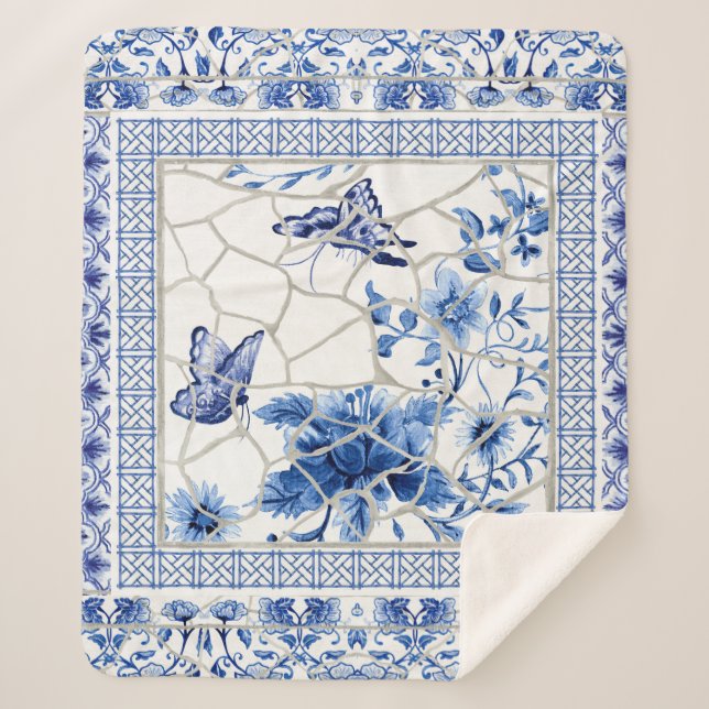 Flowers Butterfly Blue and White Chinoiserie Chic Sherpa Blanket (Front)