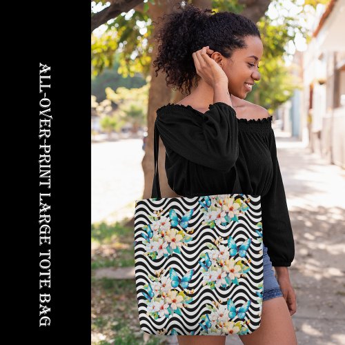 Flowers Butterfly Pattern Black White Wavy Stripes Tote Bag