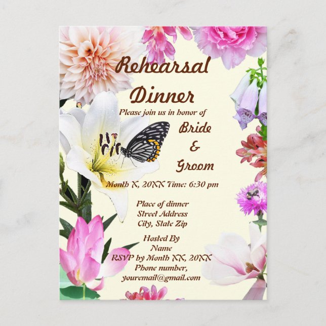 Flowers & Butterfly Rehearsal Dinner Postcard (Front)