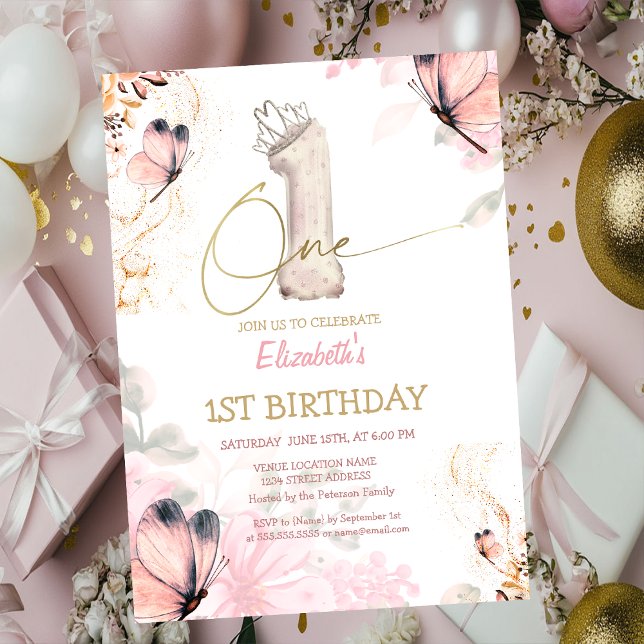  Flowers Butterfly Striped Chic 1s Birthday Invitation (Creator Uploaded)