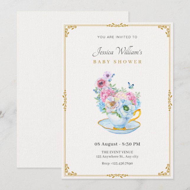 Flowers butterfly tea cup baby shower invitation (Front/Back)