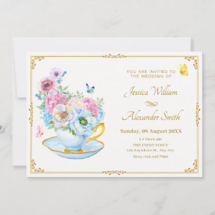 Flowers butterfly tea cup wedding invitation